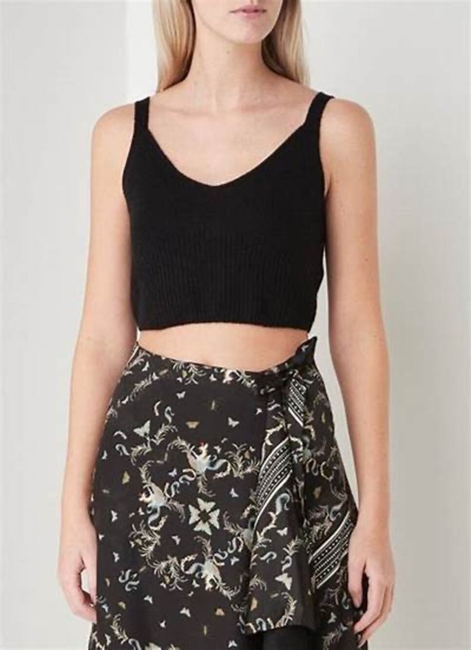 All Saints Leanne Black Wool Alpaca Blend Knit V-Neck Crop Tank Top Size L